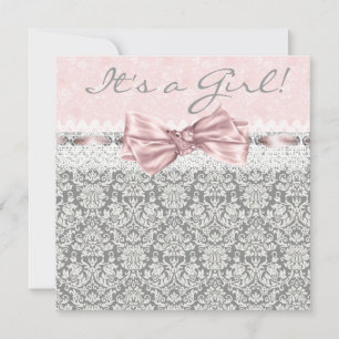 Invitation Fête de bébé fille rose gris damassé