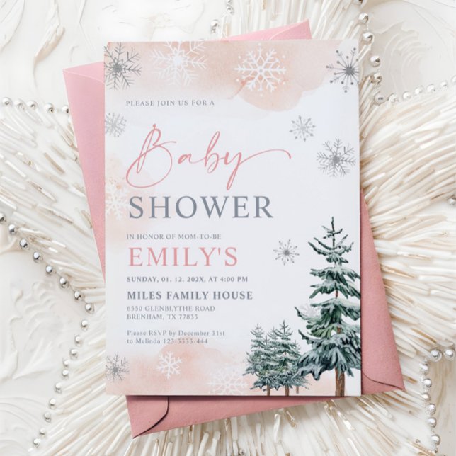 Invitation Fête de Bébé Fille Rose Hiver Merveilleux (Créateur téléchargé)