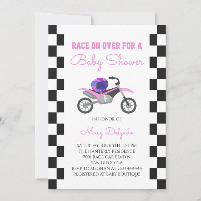Invitation Fête de Bébé Fille Rose Moto Cross (Devant)