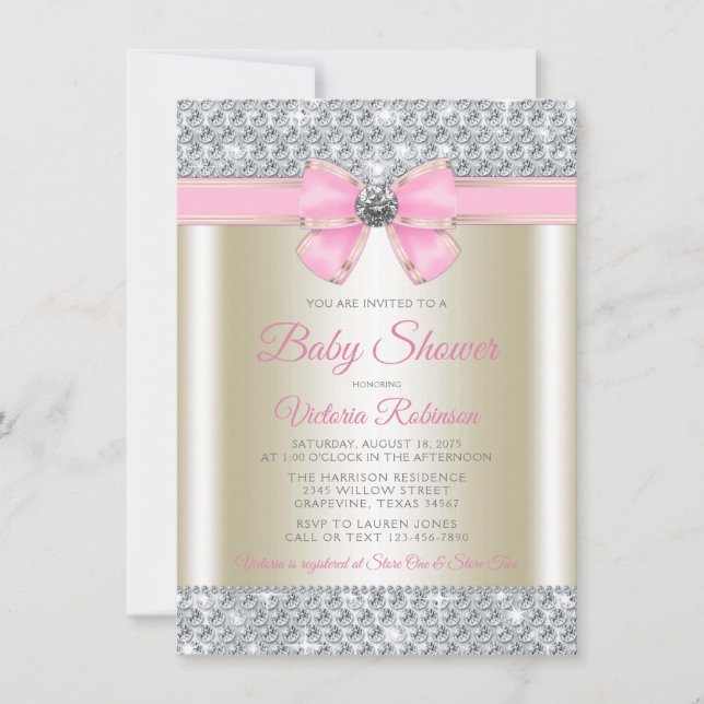 Invitation Fête de bébé fille rose or glamour (Devant)