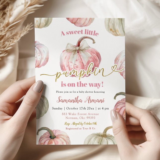 Invitation Fête de Bébé Fille Rose Pâle Citrouille (Créateur téléchargé)