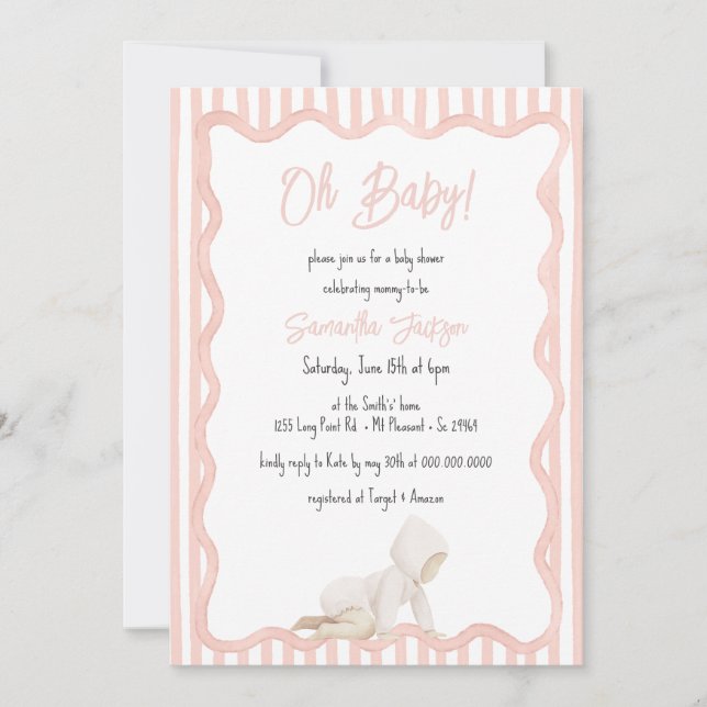 Invitation Fête de bébé fille rose pâle dessinée à la main av (Devant)
