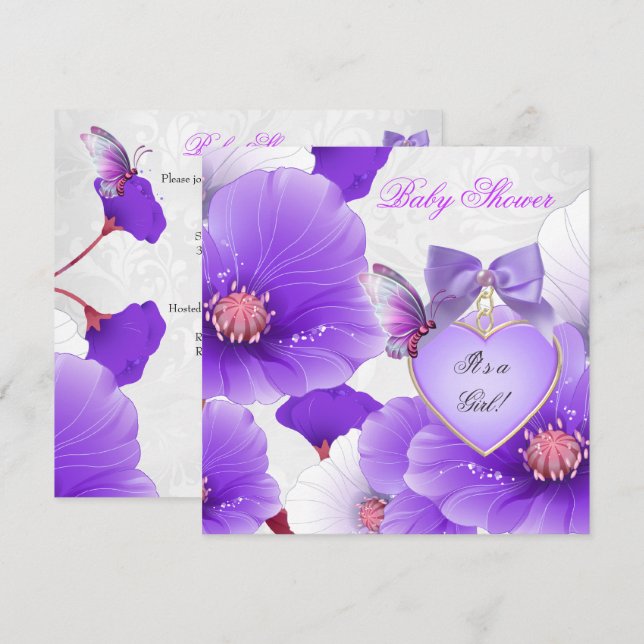 Invitation Fête de bébé fille Rose Papillon Floral 2 (Devant / Derrière)