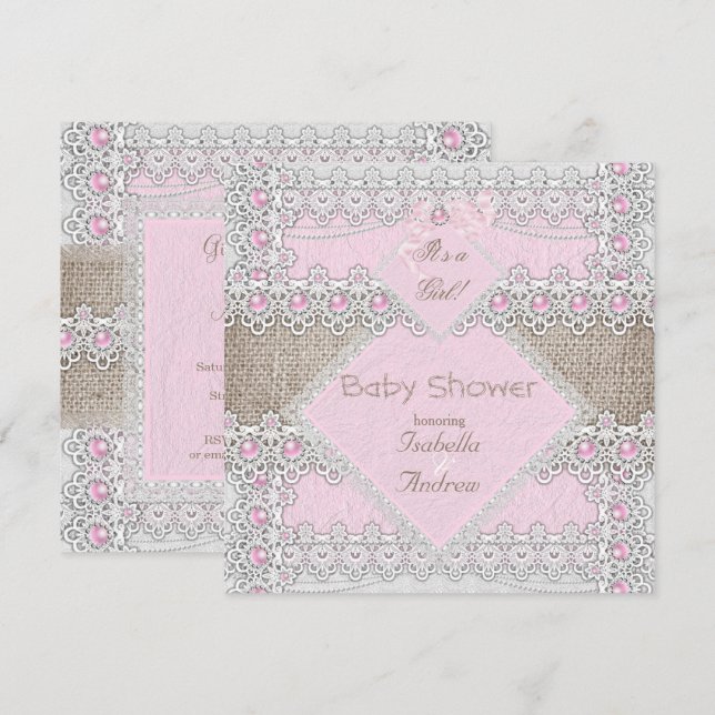 Invitation Fête de bébé fille Rose Perle Arc en lace Burlap 3 (Devant / Derrière)