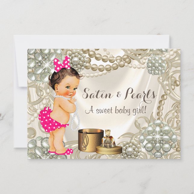 Invitation Fête de Bébé Fille Rose Satin Perle Féminin (Devant)