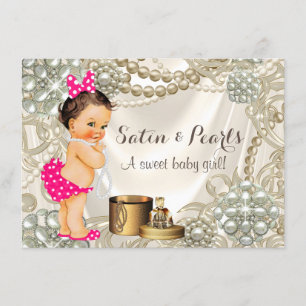 Invitation Fête de Bébé Fille Rose Satin Perle Féminin