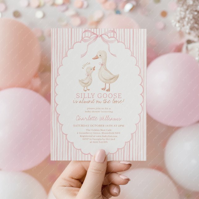 Invitation Fête de bébé fille rose Silly Goose (A little Silly Goose is almost on the loose! Baby Girl Baby Shower invitation with pink stripes)