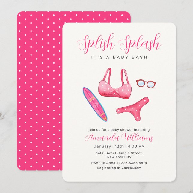 Invitation Fête de Bébé Fille Rose Splish Splash Surf Plage (Devant / Derrière)