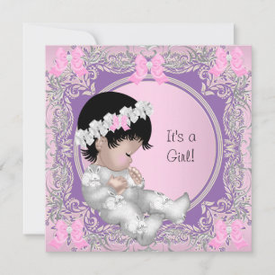 Invitation Fête de bébé fille rose violet gris Bébé fille mig
