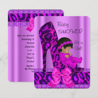 Invitation Fête de bébé fille Rose Violet Léopard