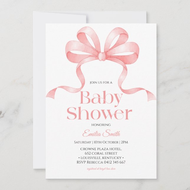 Invitation Fête de bébé fille ruban bow rose  (Devant)