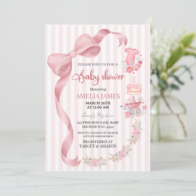 Invitation Fête de Bébé Fille Ruban Coquette Rose Pâle Rayé (Debout devant)