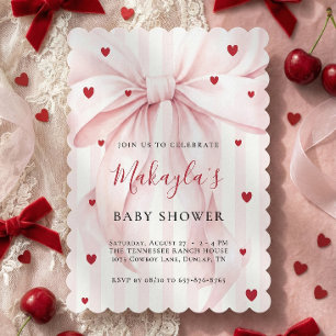 Invitation Fête de Bébé Fille Ruban Rose Coquette Cœurs Rayur