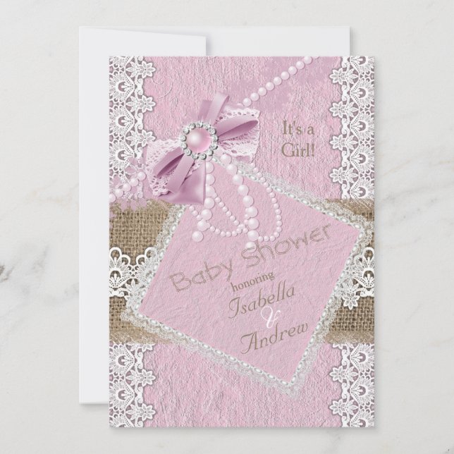 Invitation Fête de bébé fille rustique rose ruban dentelle to (Devant)