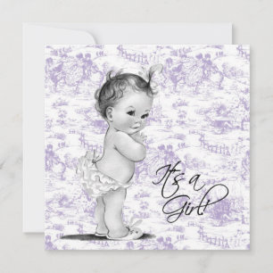 Invitation Fête de bébé fille toile vintage lavande violet