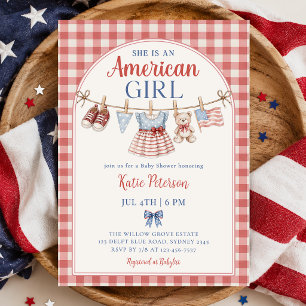 Invitation Fête de bébé fille tout américaine Red White & Due