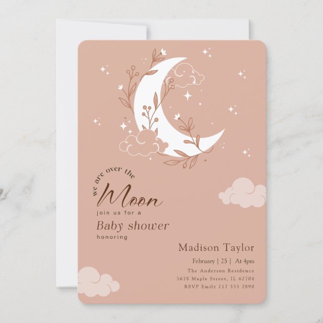 Invitation Fête de Bébé Fille Trendy Au-Delà de la Lune (Devant)