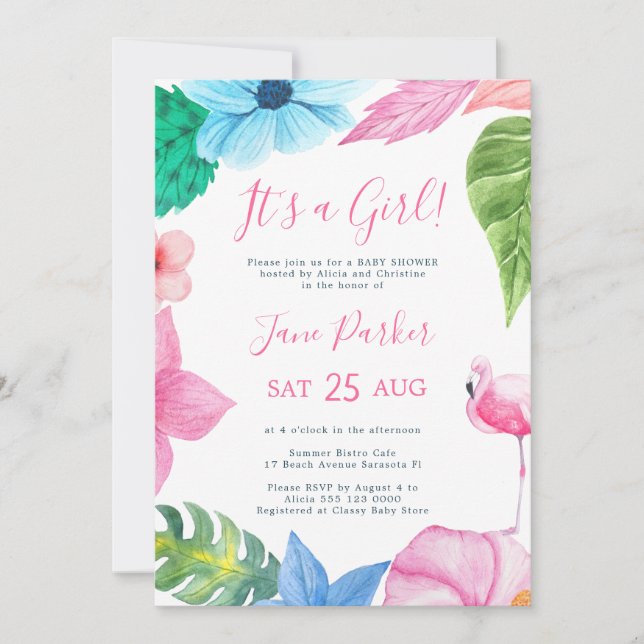Invitation Fête de bébé fille tropicale florale Luau (Devant)