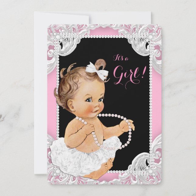 Invitation Fête de bébé fille tutu blanc perle rose noir (Devant)