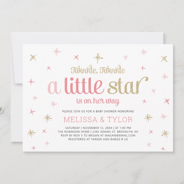 Invitation Fête de Bébé Fille Twinkle Little Star, Sprinkle (Devant)
