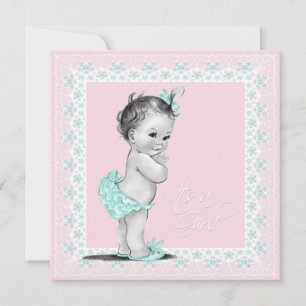 Invitation Fête de Bébé Fille Vintage Bleu Canard et Rose