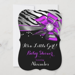 Invitation Fête de bébé fille Violet Rose Zèbre Noir Argent 2