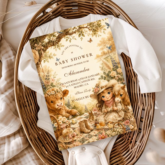 Invitation Fête de Bébé Fille Western Boho Rustique (Créateur téléchargé)