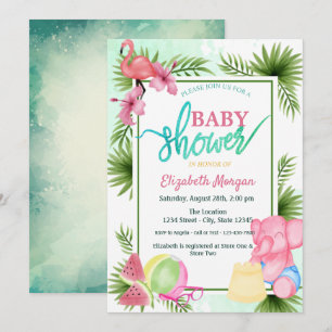 Invitation Fête de bébé flamant rose, pastèque, éléphant et p