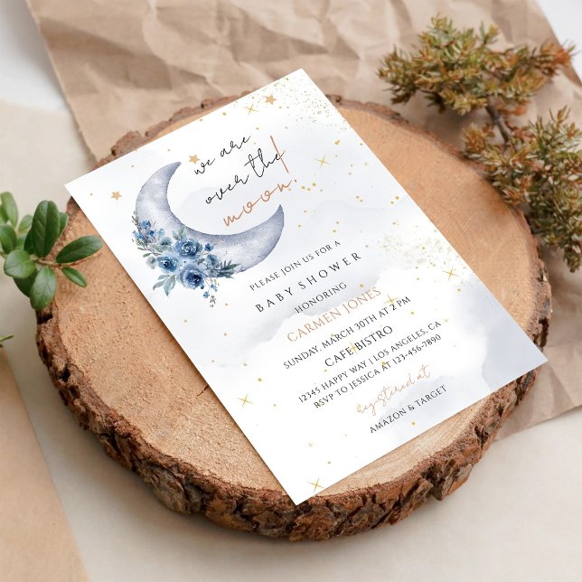 Invitation Fête de Bébé Fleur Bleue Étoile Brillante Lune (Créateur téléchargé)