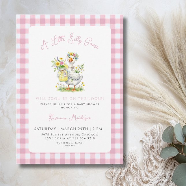 Invitation Fête de Bébé Fleur de Gingham Rose Fouille Canard (Créateur téléchargé)