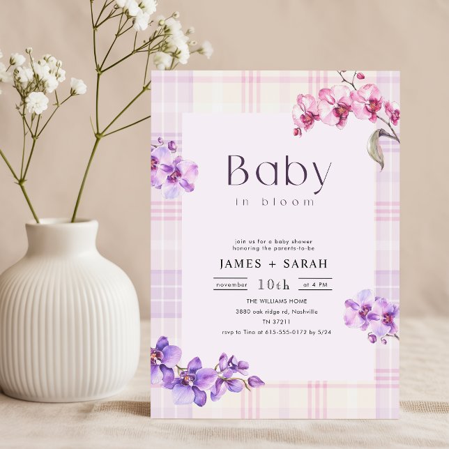 Invitation Fête de bébé Fleur d'Orchidée Violette Gingham Vin (Créateur téléchargé)