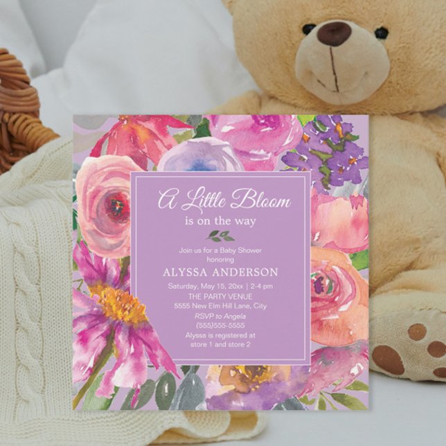 Invitation Fête de Bébé Fleur Little Bloom Rose Violet (Pink and purple watercolor floral baby girl "A little bloom is on the way" baby shower invitation)