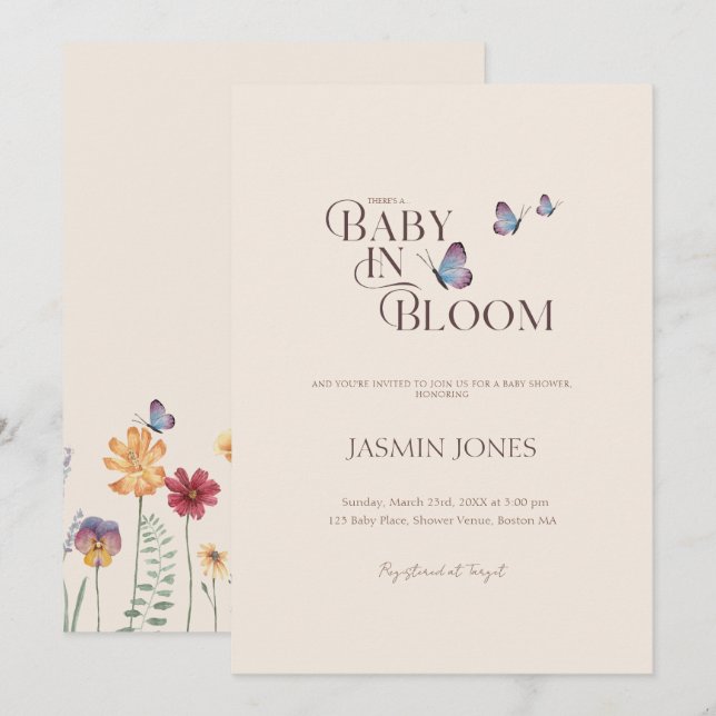 Invitation Fête de Bébé Fleur Papillon Pastel (Devant / Derrière)