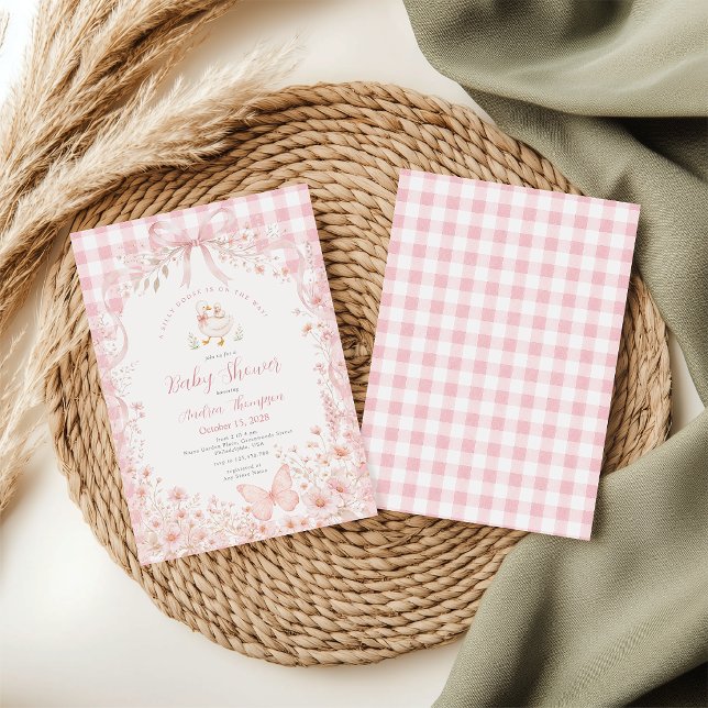 Invitation Fête de Bébé Fleur Rose Blush Silly Goose Gingham (Créateur téléchargé)