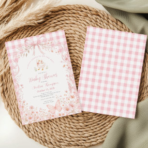 Invitation Fête de Bébé Fleur Rose Blush Silly Goose Gingham