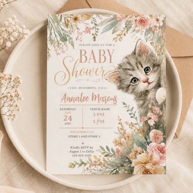 Invitation Fête de Bébé Fleur Rose Kitten Blush  (Sweet gray kitten baby shower invitation)