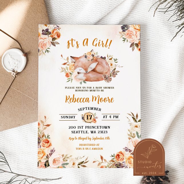 Invitation Fête de Bébé Fleur Rose Renard Forêt (Créateur téléchargé)