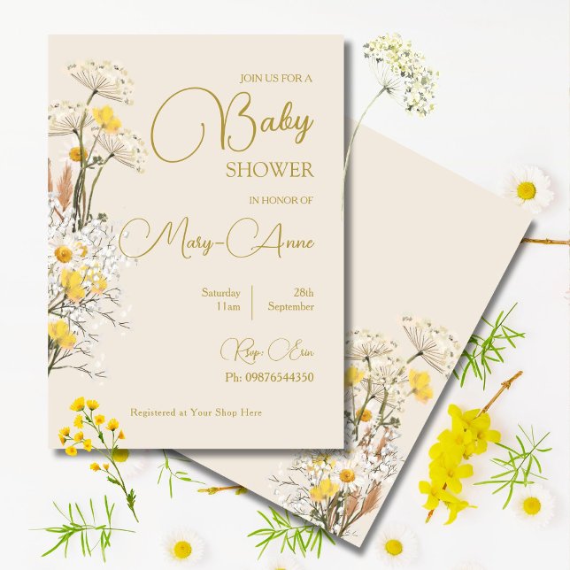 Invitation Fête de Bébé Fleur Sauvage Aquarelle Florale  (Créateur téléchargé)