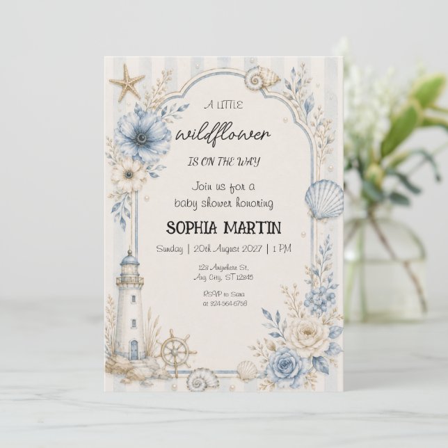 Invitation Fête de Bébé Fleur Sauvage Côtière Bleu Floral (Debout devant)