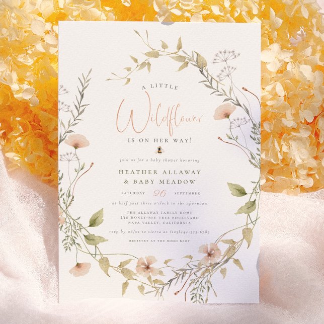 Invitation Fête de Bébé Fleur Sauvage Délicate & Abeille Bohè (Créateur téléchargé)