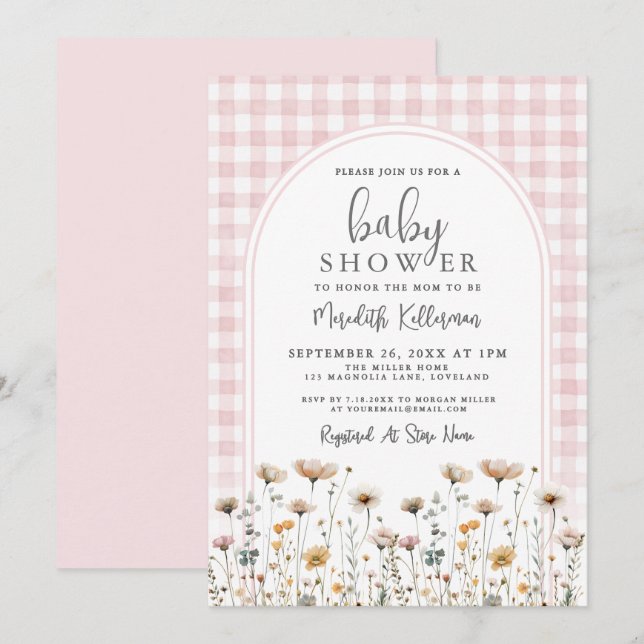 Invitation Fête de Bébé Fleur Sauvage Gingham Rose Pâle (Devant / Derrière)