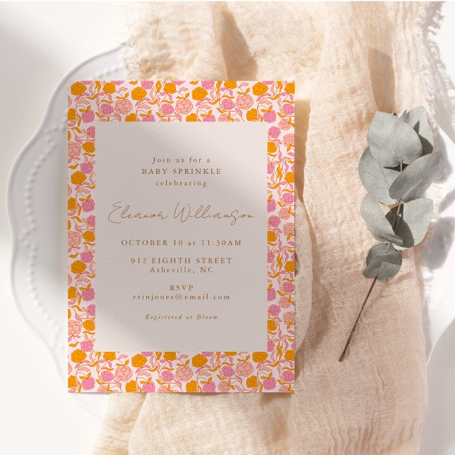 Invitation Fête de Bébé Fleurie Rétro Rose Orange Bohème (Créateur téléchargé)