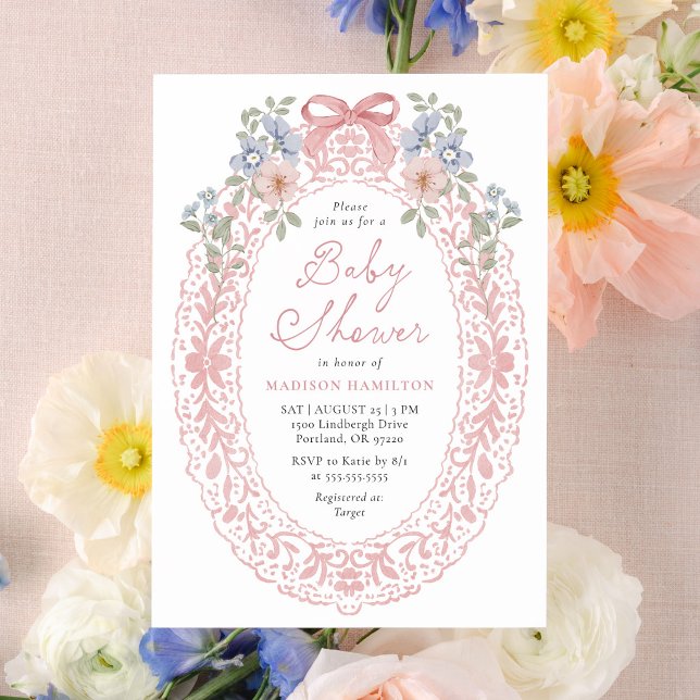 Invitation Fête de Bébé Fleurie Rose Vintage (Créateur téléchargé)
