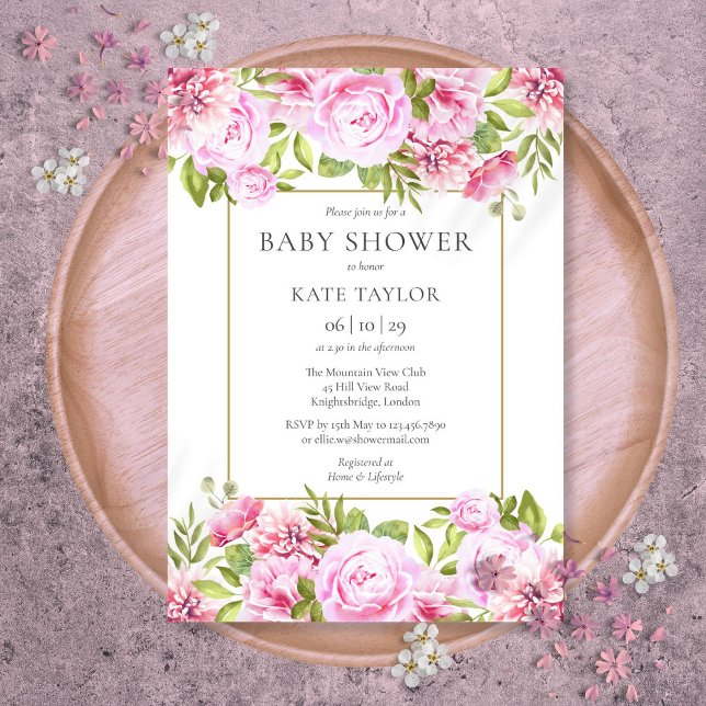 Invitation Fête de Bébé Fleurie Roses Roses Élégantes (Elegant Pink Roses Floral Baby Shower Invitation)