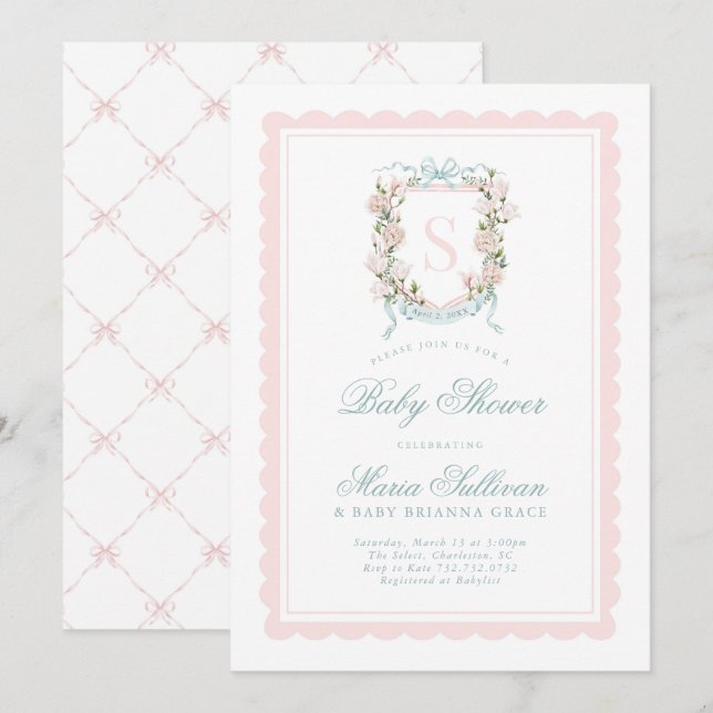 Invitation Fête de Bébé Fleurissante Monogramme Magnolia Rose (Devant / Derrière)