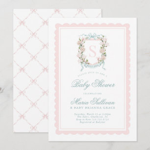 Invitation Fête de Bébé Fleurissante Monogramme Magnolia Rose