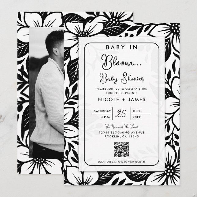 Invitation Fête de bébé Fleurs audacieuses Noir & Blanc (Devant / Derrière)