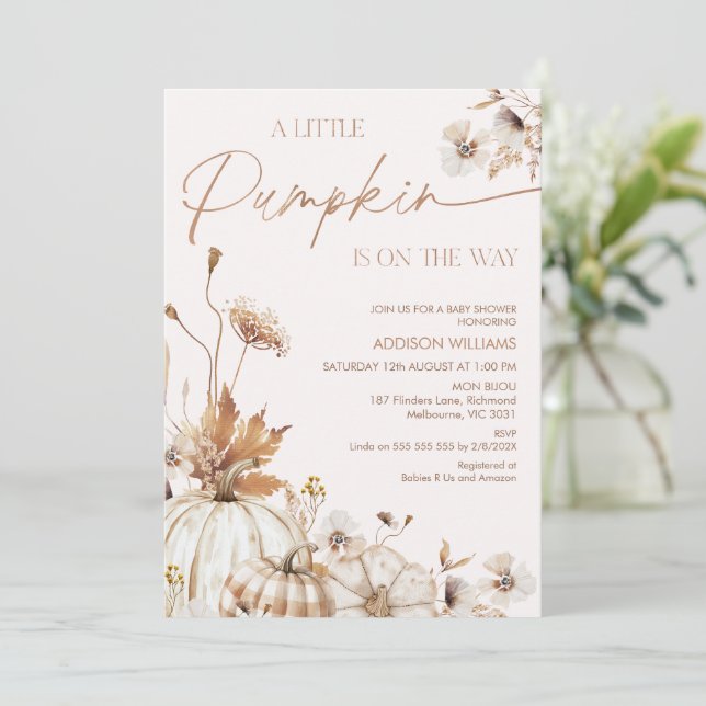 Invitation Fête de bébé Fleurs Beige Brun Automne Petite Citr (Debout devant)