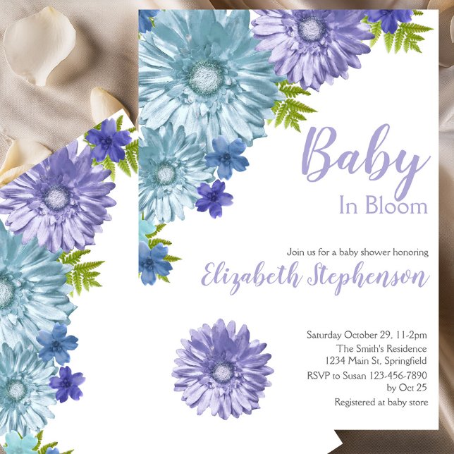 Invitation Fête de bébé Fleurs Bleues Baby In Bloom (Créateur téléchargé)