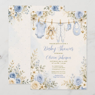 Invitation Fête de bébé Fleurs Bleues Linge de bébé Fête de b